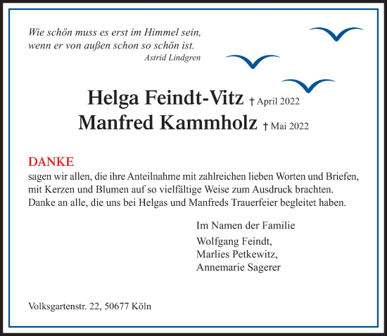 Traueranzeige von Helga Feindt-Vitz und Manfred  Kammholz von Rheinische Post