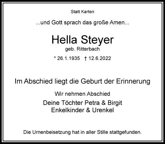 Traueranzeige von Hella Steyer von Rheinische Post