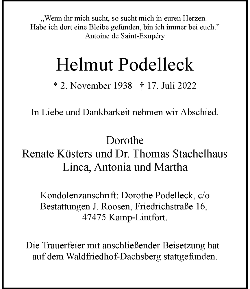  Traueranzeige für Helmut Podelleck vom 30.07.2022 aus Rheinische Post