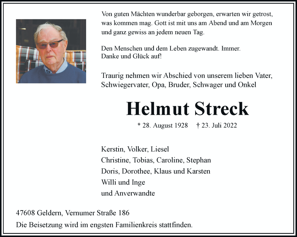  Traueranzeige für Helmut Streck vom 30.07.2022 aus Rheinische Post