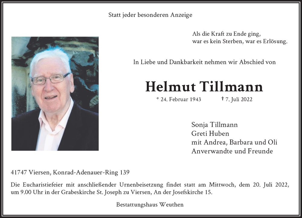  Traueranzeige für Helmut Tillmann vom 16.07.2022 aus Rheinische Post