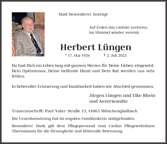 Traueranzeige von Herbert Lüngen von Rheinische Post