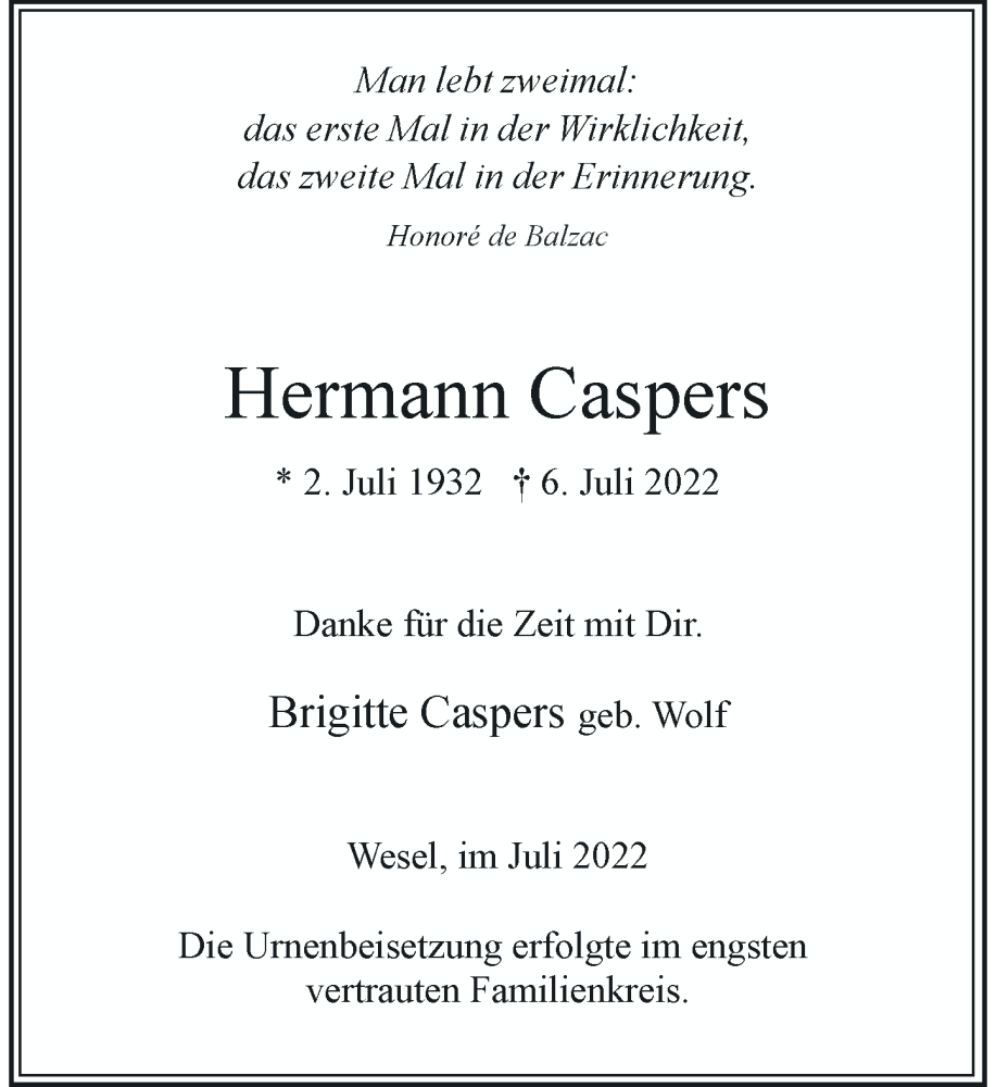  Traueranzeige für Hermann Caspers vom 30.07.2022 aus Rheinische Post