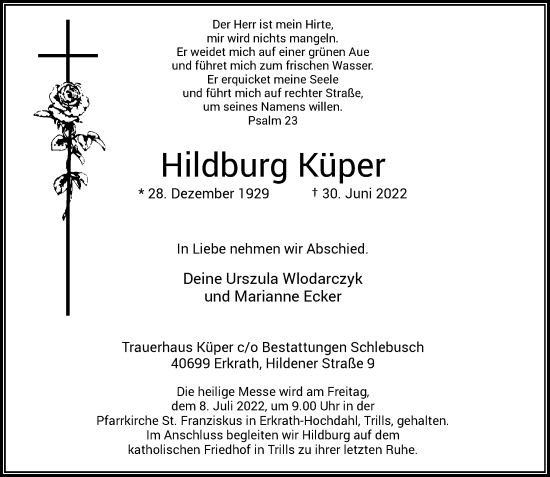 Traueranzeige von Hildburg Küper von Rheinische Post