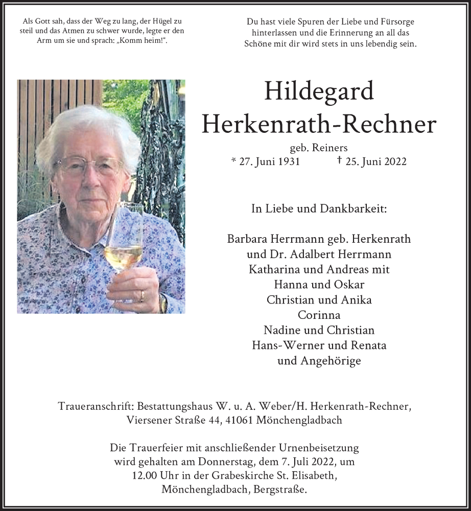  Traueranzeige für Hildegard Herkenrath-Rechner vom 02.07.2022 aus Rheinische Post