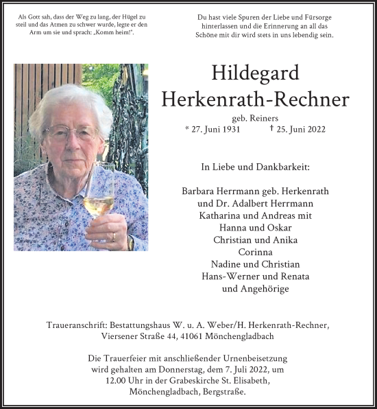 Traueranzeige von Hildegard Herkenrath-Rechner von Rheinische Post