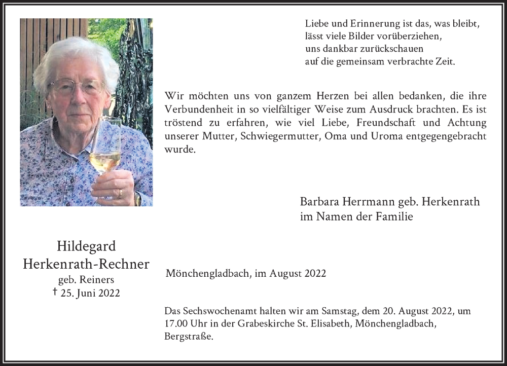  Traueranzeige für Hildegard Herkenrath-Rechner vom 13.08.2022 aus Rheinische Post