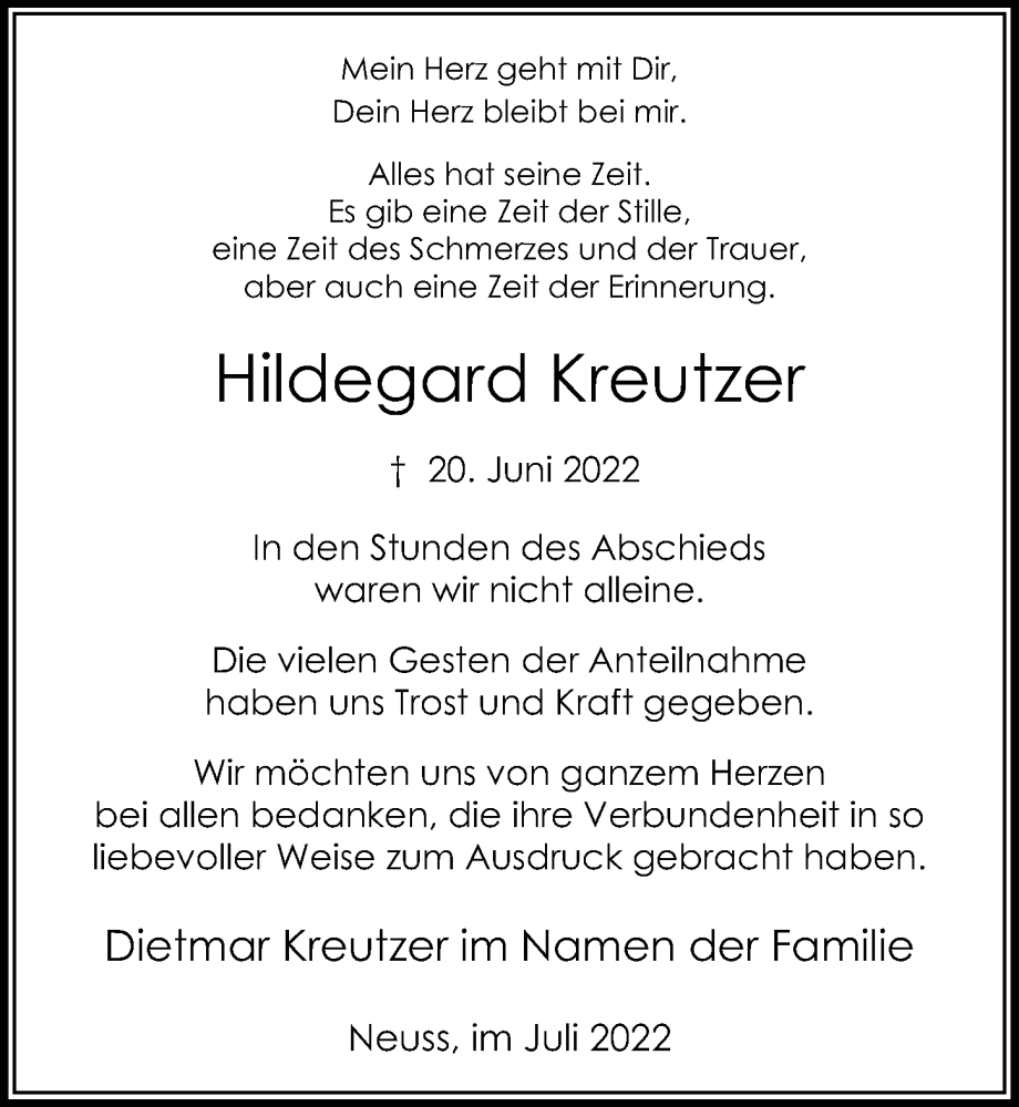  Traueranzeige für Hildegard Kreutzer vom 30.07.2022 aus Rheinische Post
