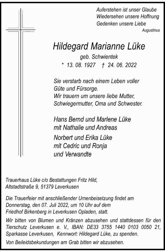 Traueranzeige von Hildegard Marianne Lüke von Rheinische Post