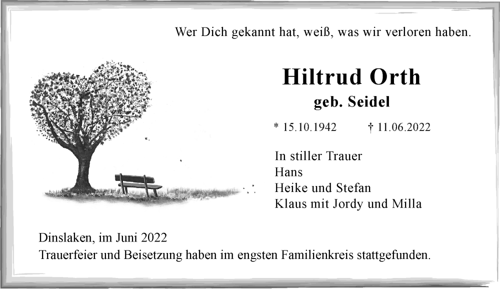  Traueranzeige für Hiltrud Orth vom 09.07.2022 aus Rheinische Post