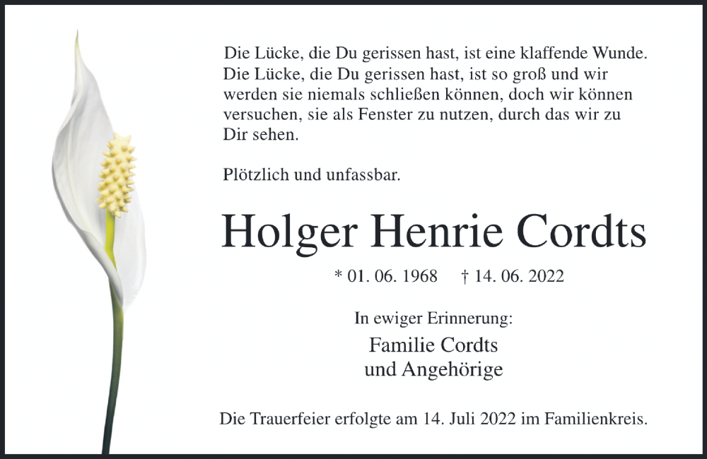  Traueranzeige für Holger Henrie Cordts vom 23.07.2022 aus Rheinische Post