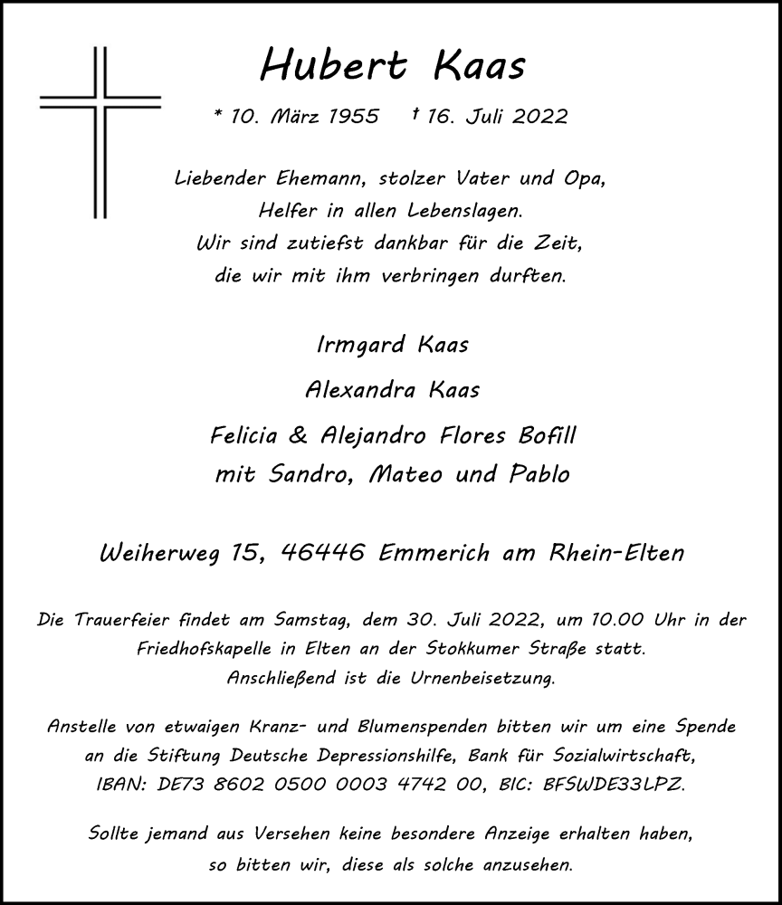  Traueranzeige für Hubert Kaas vom 26.07.2022 aus Rheinische Post