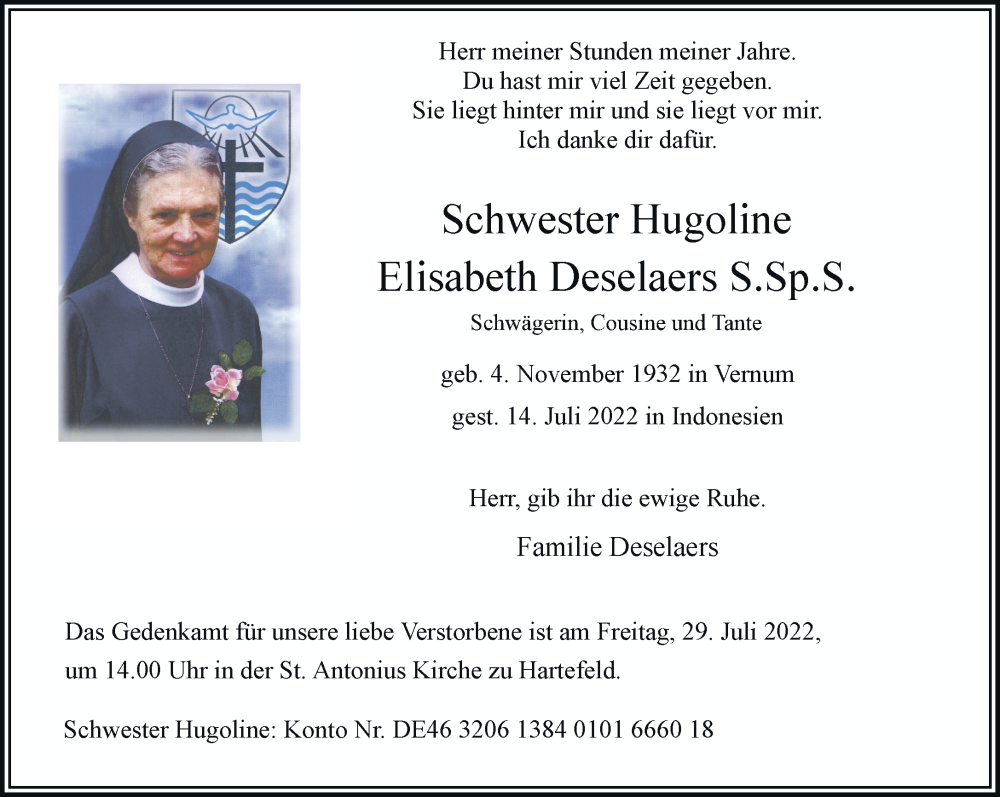 Traueranzeige für Hugoline Elisabeth Deselaers vom 23.07.2022 aus Rheinische Post