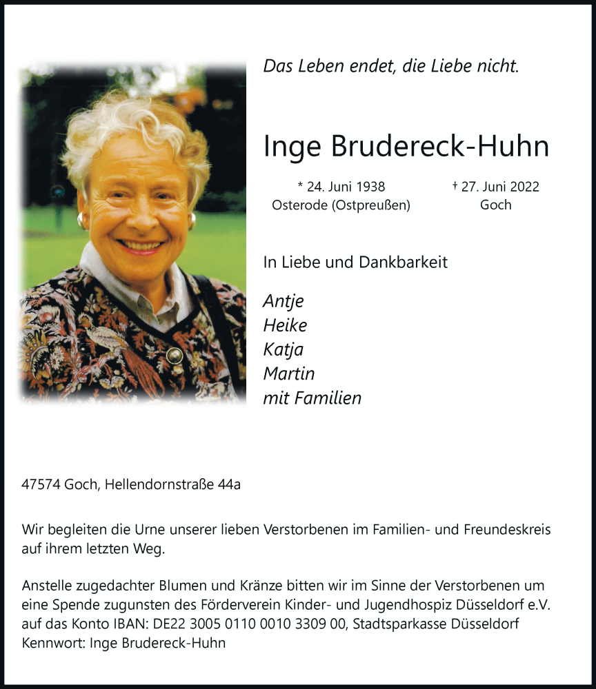  Traueranzeige für Inge Brudereck-Huhn vom 02.07.2022 aus Rheinische Post