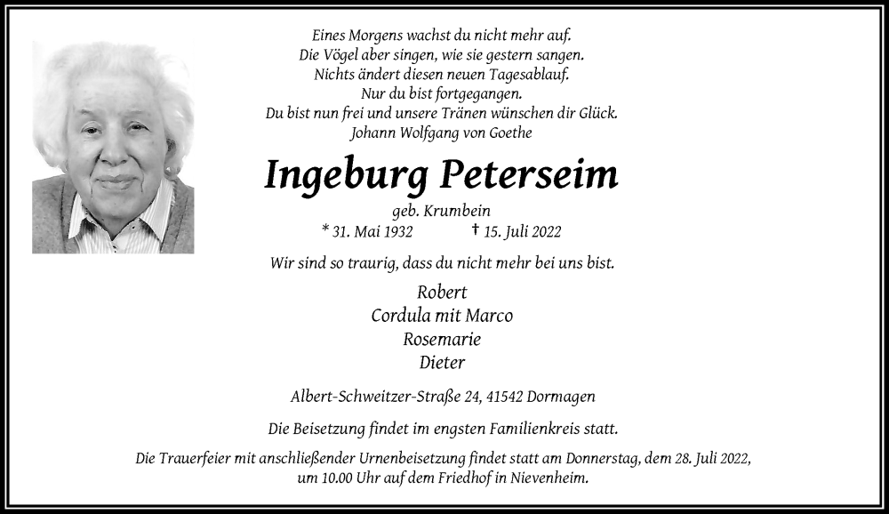  Traueranzeige für Ingeburg Peterseim vom 23.07.2022 aus Rheinische Post