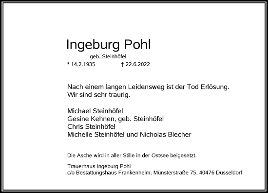 Traueranzeige von Ingeburg Pohl von Rheinische Post