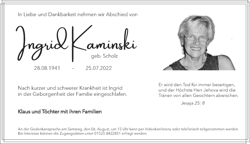  Traueranzeige für Ingrid Kaminski vom 30.07.2022 aus Rheinische Post