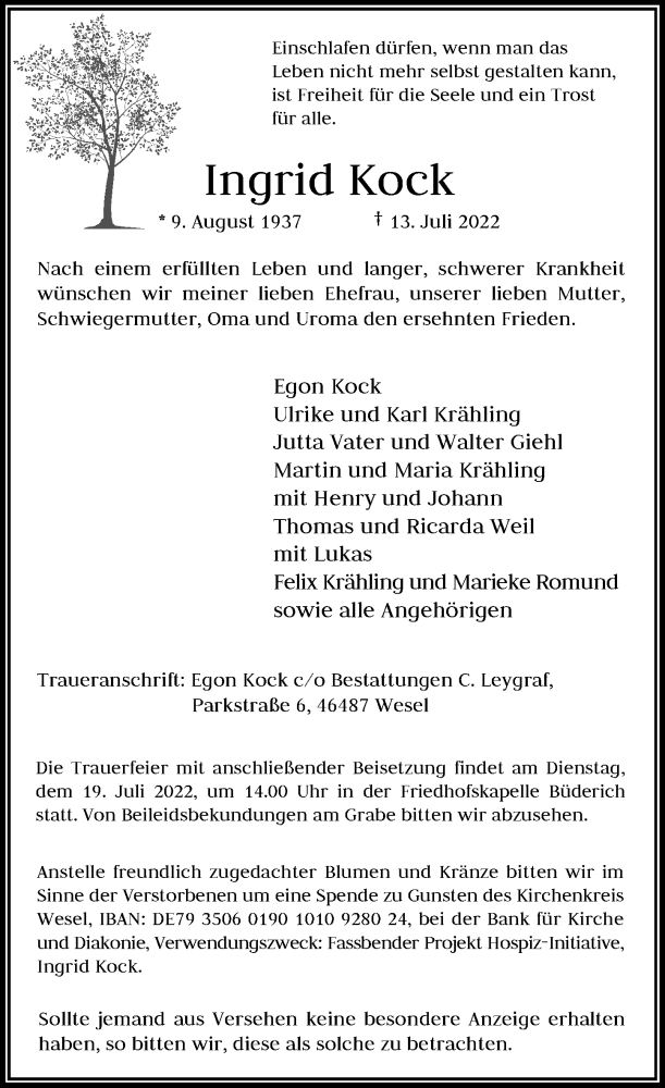  Traueranzeige für Ingrid Kock vom 16.07.2022 aus Rheinische Post