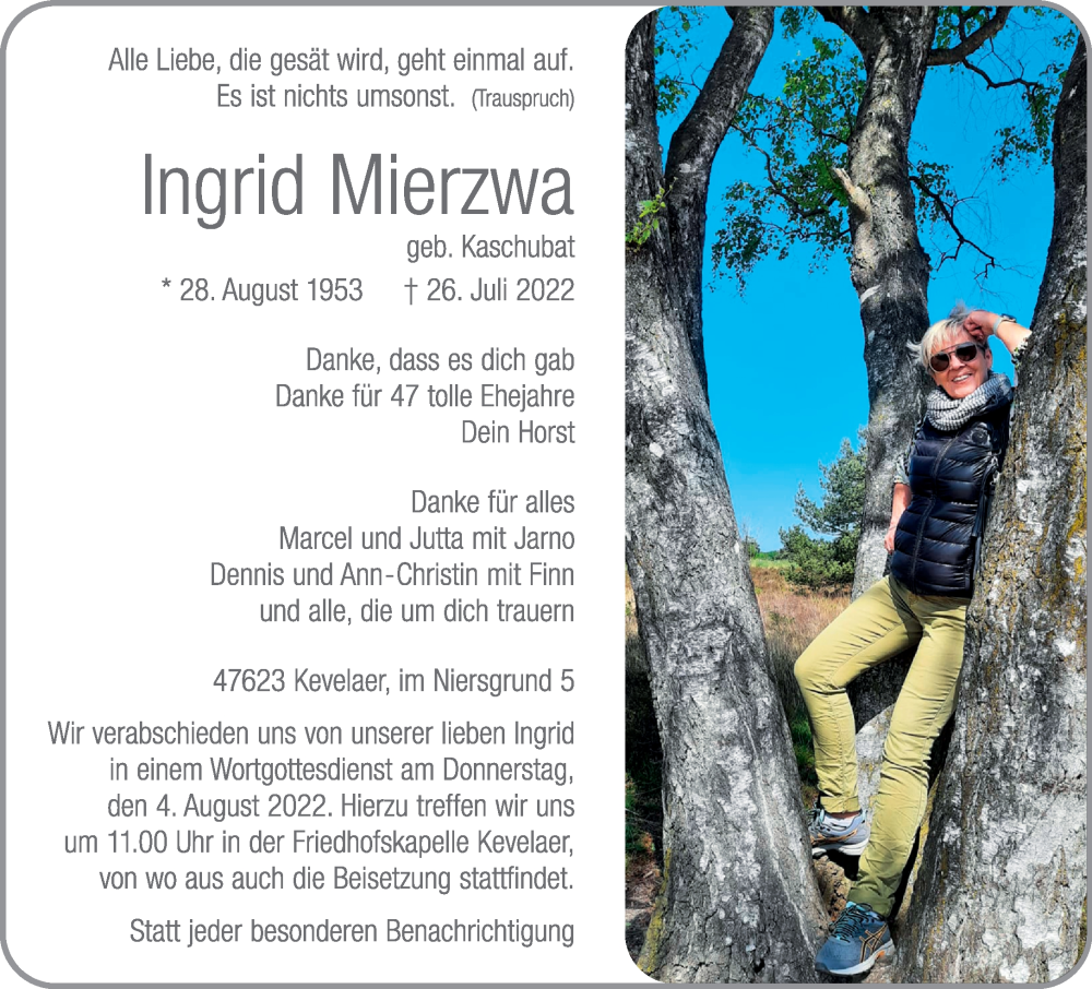 Traueranzeige für Ingrid Mierzwa vom 30.07.2022 aus Rheinische Post