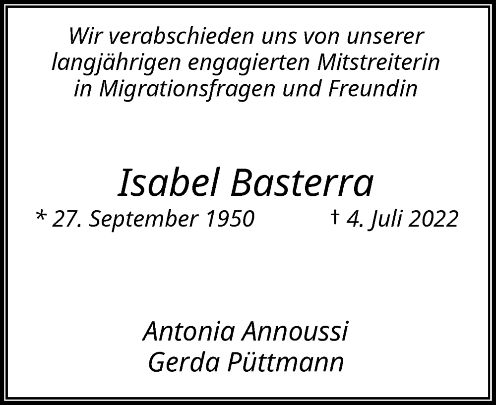  Traueranzeige für Isabel Basterra vom 09.07.2022 aus Rheinische Post