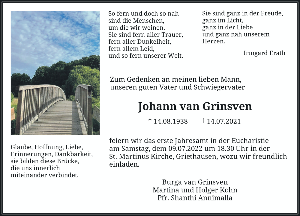  Traueranzeige für Johann van Grinsven vom 06.07.2022 aus Rheinische Post