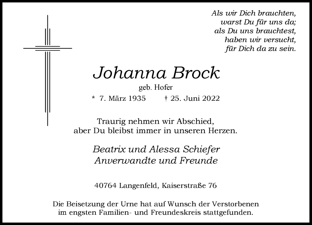 Traueranzeige für Johanna Brock vom 23.07.2022 aus Rheinische Post