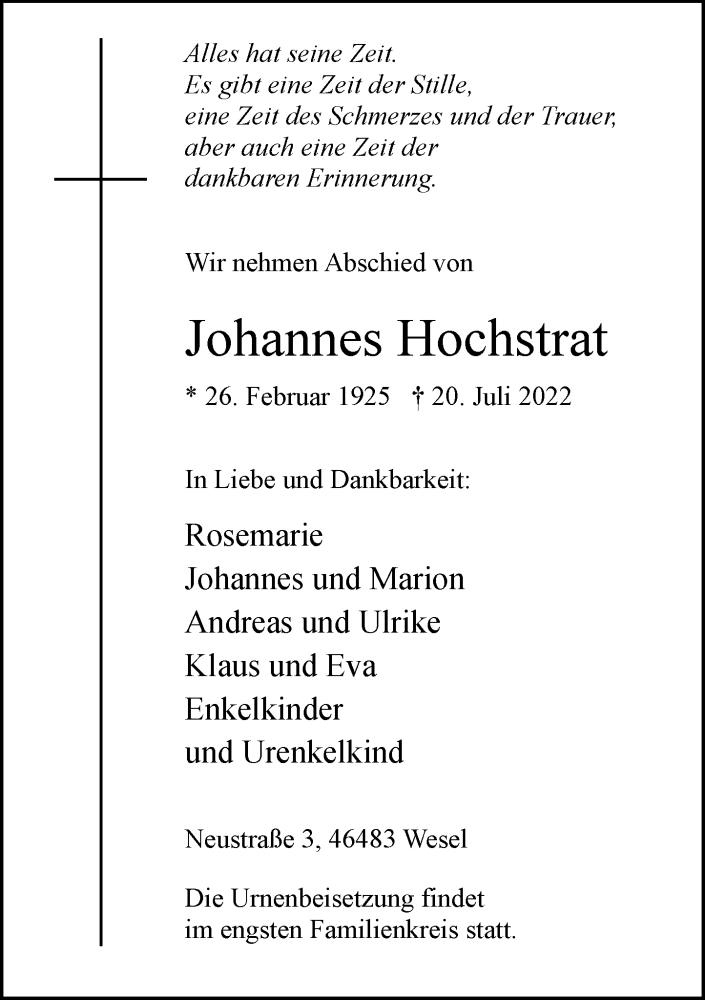  Traueranzeige für Johannes Hochstrat vom 25.07.2022 aus Rheinische Post