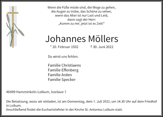 Traueranzeige von Johannes Möllers von Rheinische Post