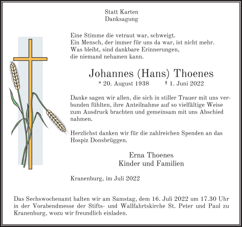  Traueranzeige für Johannes Thoenes vom 09.07.2022 aus Rheinische Post