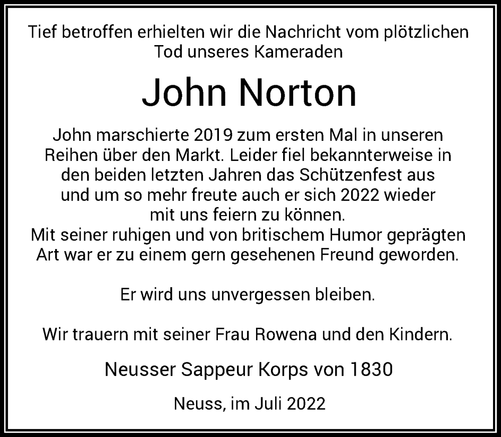  Traueranzeige für John Norton vom 22.07.2022 aus Rheinische Post