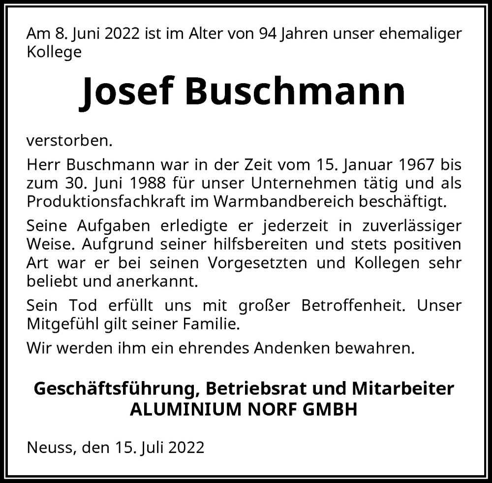 Traueranzeige für Josef Buschmann vom 15.07.2022 aus Rheinische Post