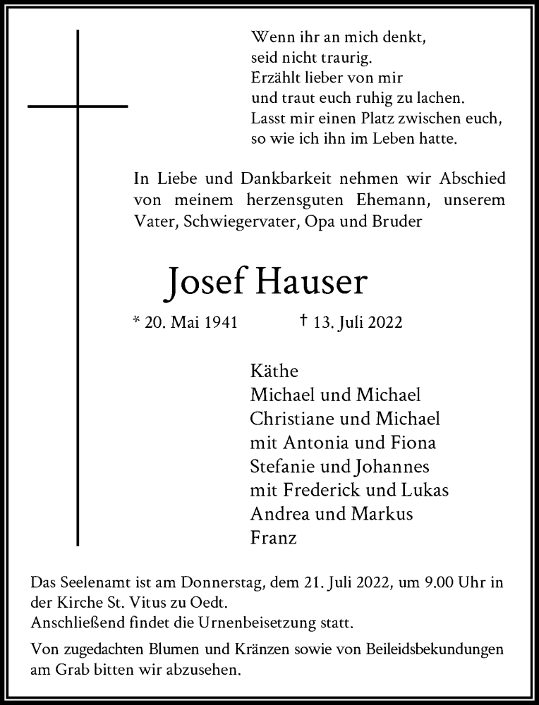  Traueranzeige für Josef Hauser vom 16.07.2022 aus Rheinische Post