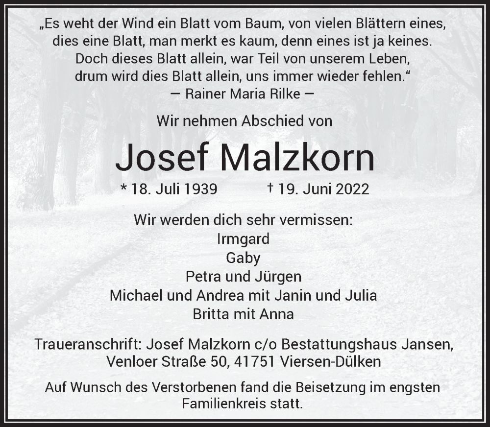  Traueranzeige für Josef Malzkorn vom 23.07.2022 aus Rheinische Post