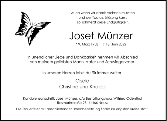 Traueranzeige von Josef Münzer von Rheinische Post