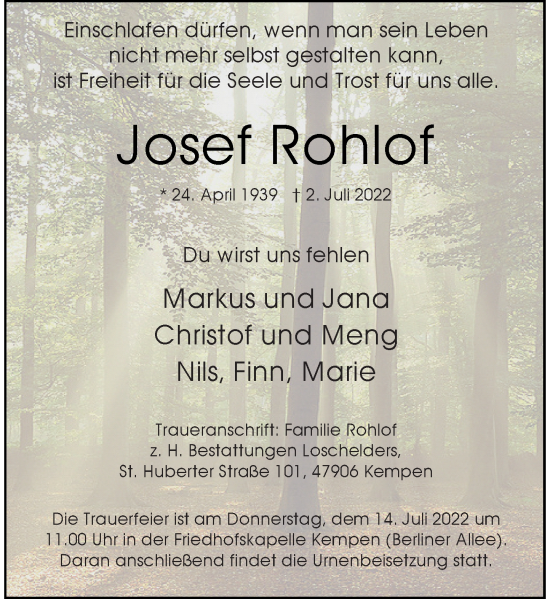 Traueranzeige von Josef Rohlof von Rheinische Post