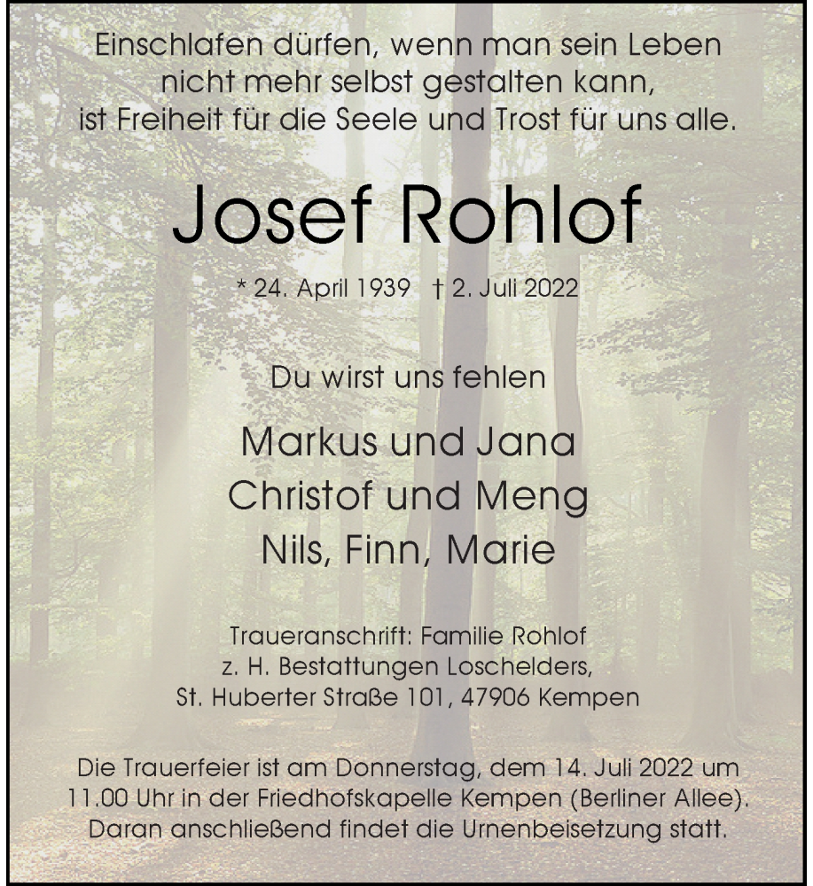  Traueranzeige für Josef Rohlof vom 09.07.2022 aus Rheinische Post