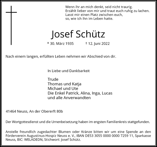 Traueranzeige von Josef Schütz von Rheinische Post