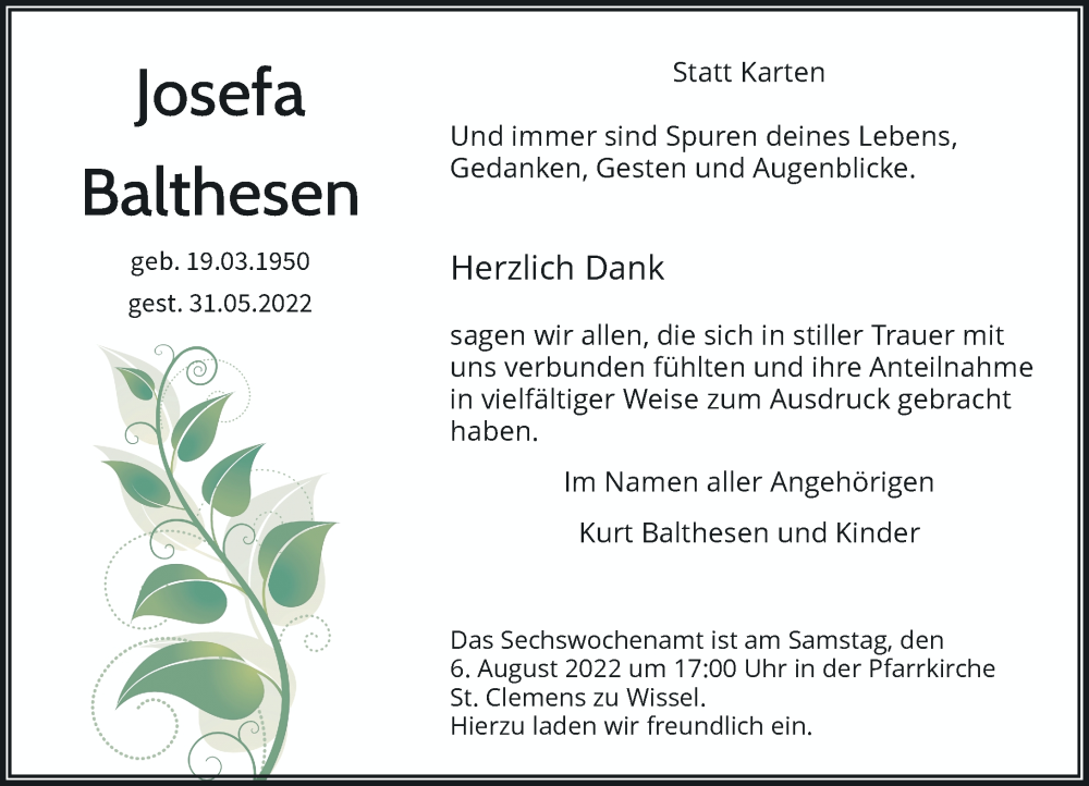  Traueranzeige für Josefa Balthesen vom 30.07.2022 aus Rheinische Post