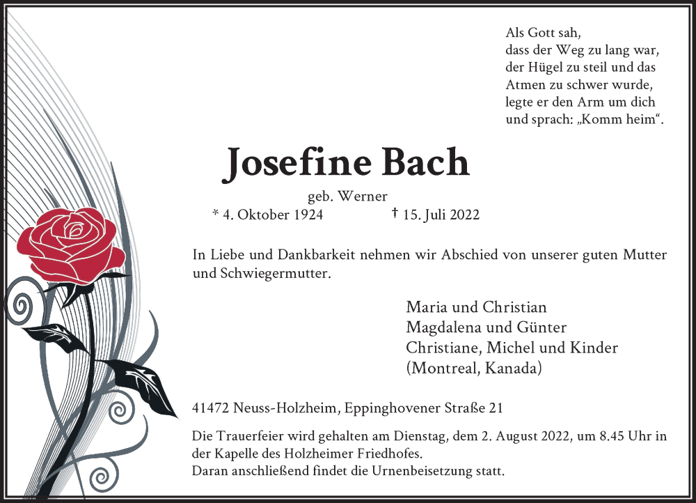  Traueranzeige für Josefine Bach vom 30.07.2022 aus Rheinische Post