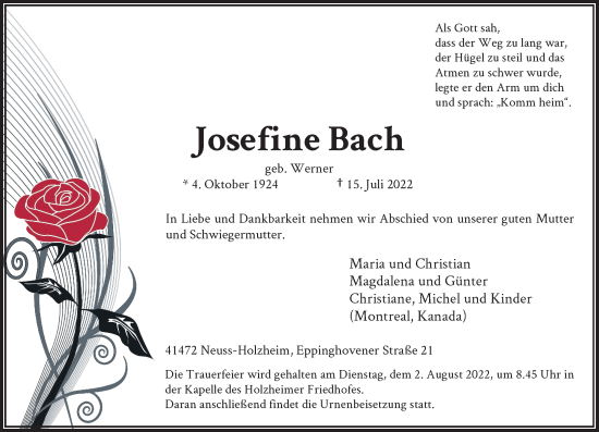 Traueranzeige von Josefine Bach von Rheinische Post