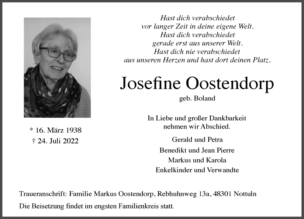  Traueranzeige für Josefine Oostendorp vom 30.07.2022 aus Rheinische Post