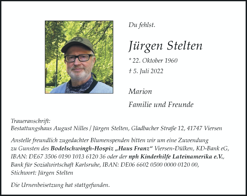  Traueranzeige für Jürgen Stelten vom 30.07.2022 aus Rheinische Post