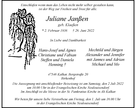 Traueranzeige von Juliane Janßen von Rheinische Post