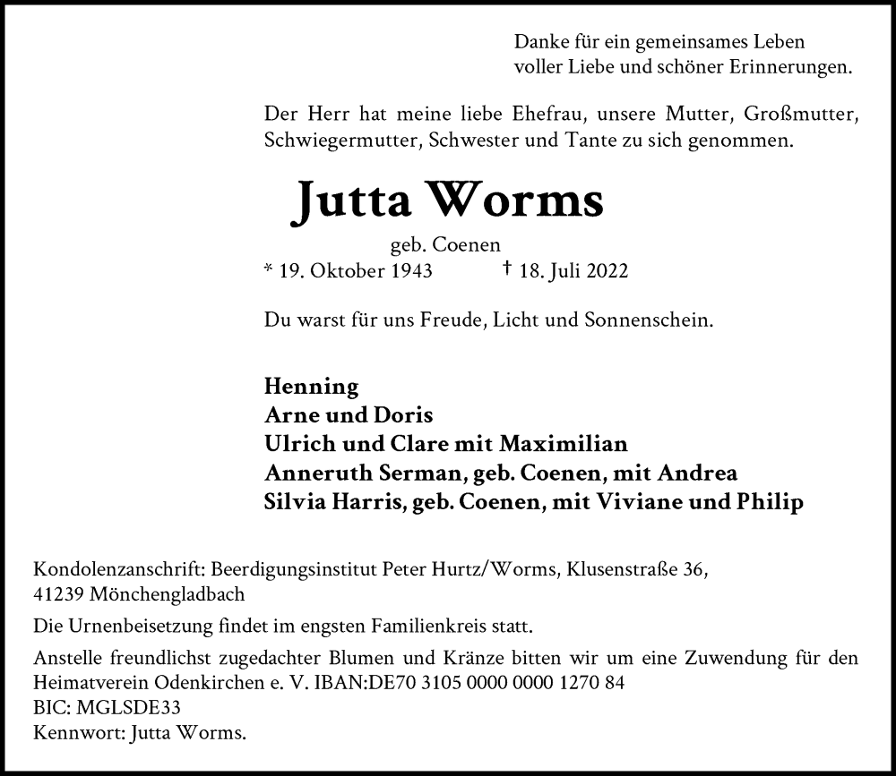  Traueranzeige für Jutta Worms vom 23.07.2022 aus Rheinische Post