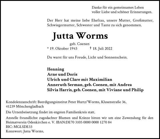 Traueranzeige von Jutta Worms von Rheinische Post