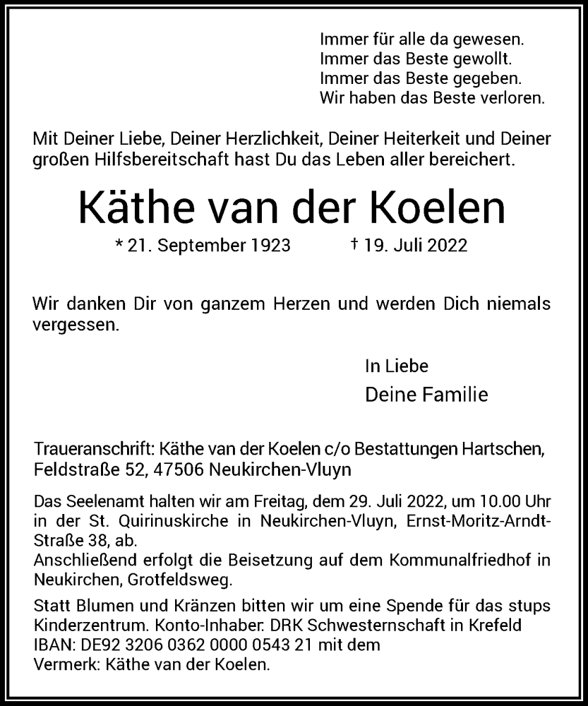  Traueranzeige für Käthe van der Koelen vom 23.07.2022 aus Rheinische Post