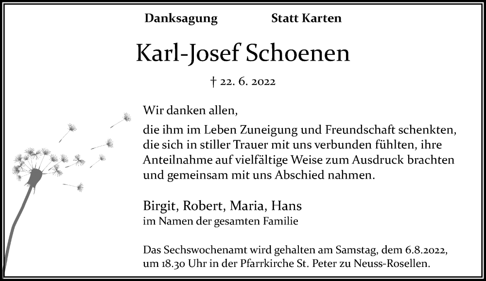  Traueranzeige für Karl-Josef Schoenen vom 23.07.2022 aus Rheinische Post