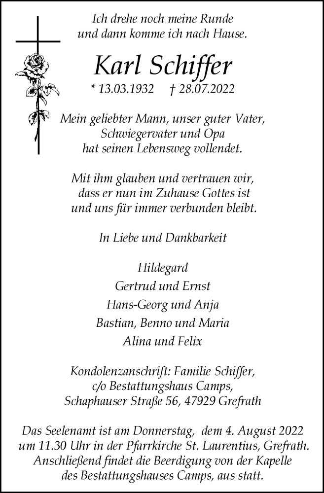  Traueranzeige für Karl Schiffer vom 30.07.2022 aus Rheinische Post