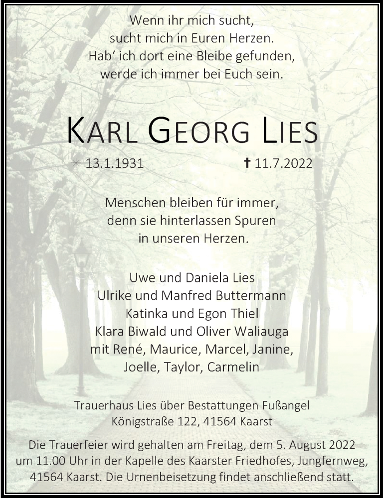  Traueranzeige für Karl Georg Lies vom 30.07.2022 aus Rheinische Post
