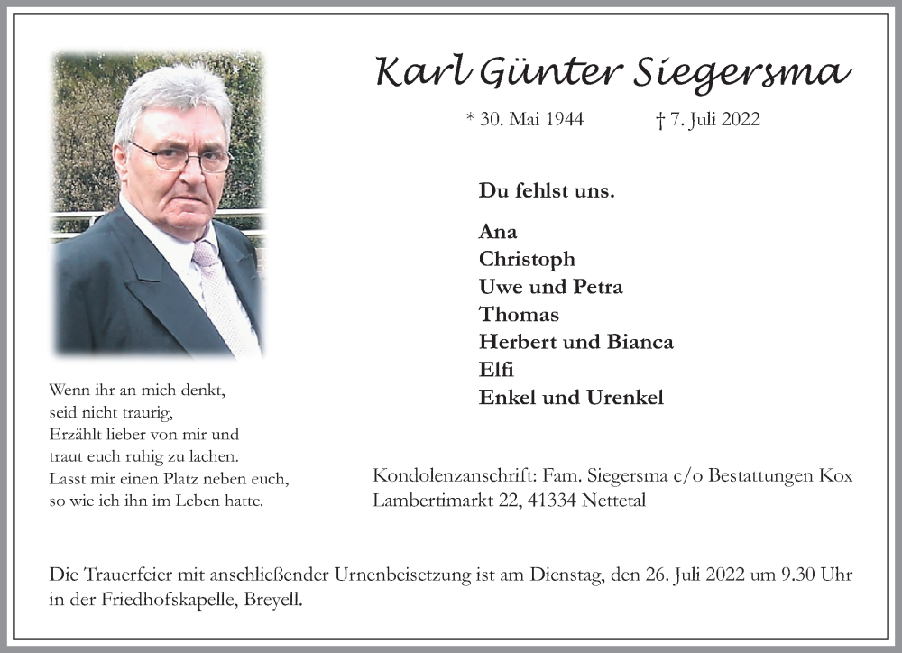  Traueranzeige für Karl Günter Siegersma vom 16.07.2022 aus Rheinische Post